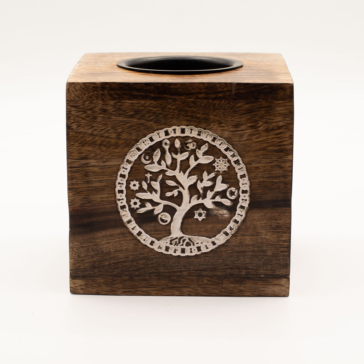 Large Square Mango Wood Oil Burner, Tree of Life, front view with a dark bowl set into the top