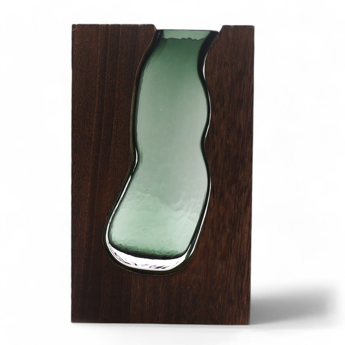 Glass vase terrarium inside dark tung wood, front view against a plain white background