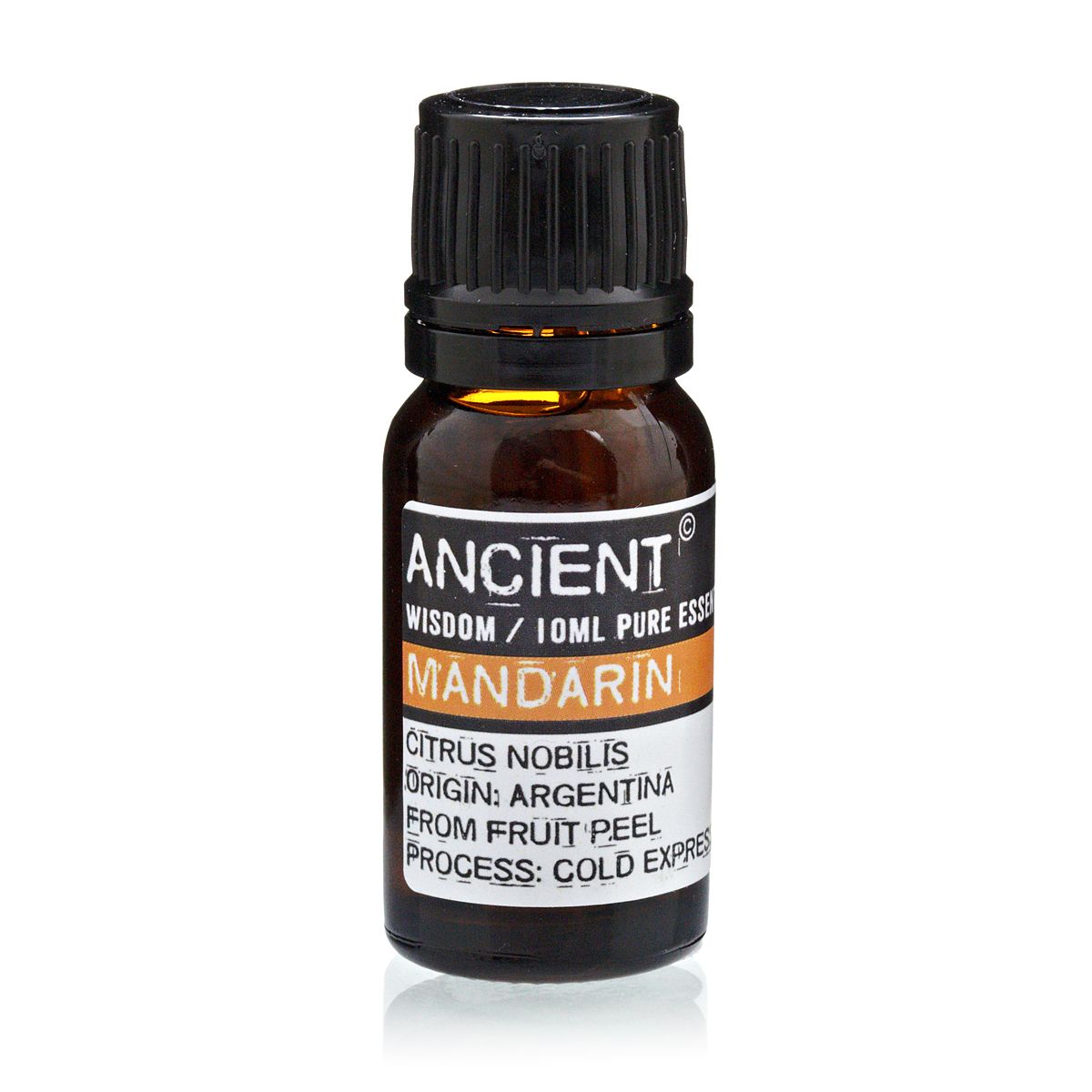 10 ml Mandarin Essential Oil in a small amber bottle with a black ribbed cap, shown from the front