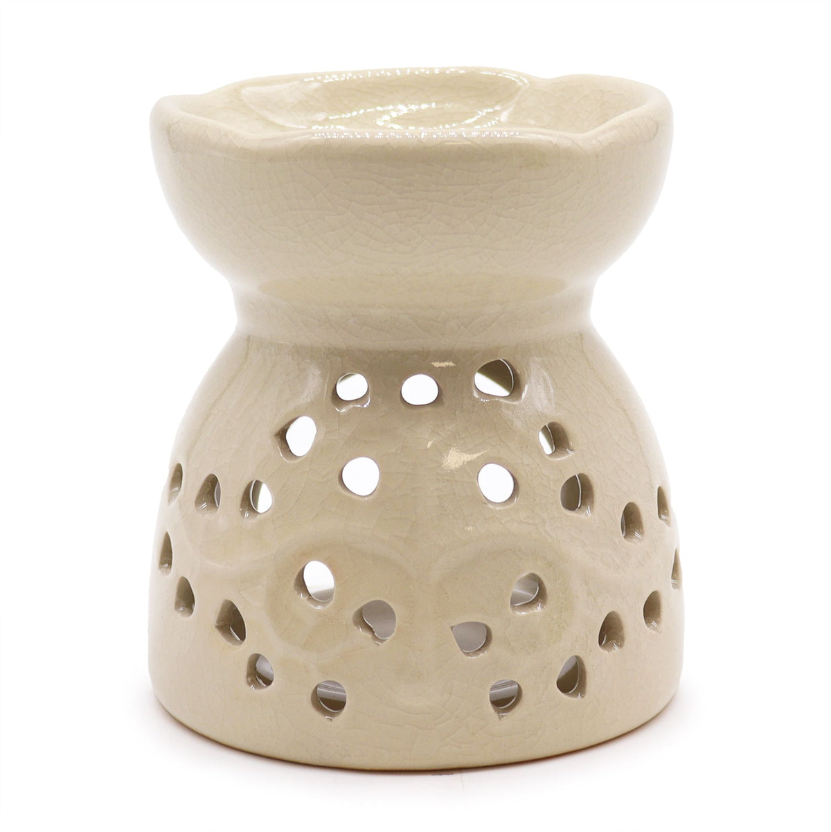 Tree of Life Oil Burner, Ivory, front view with a shallow top dish and pierced pattern