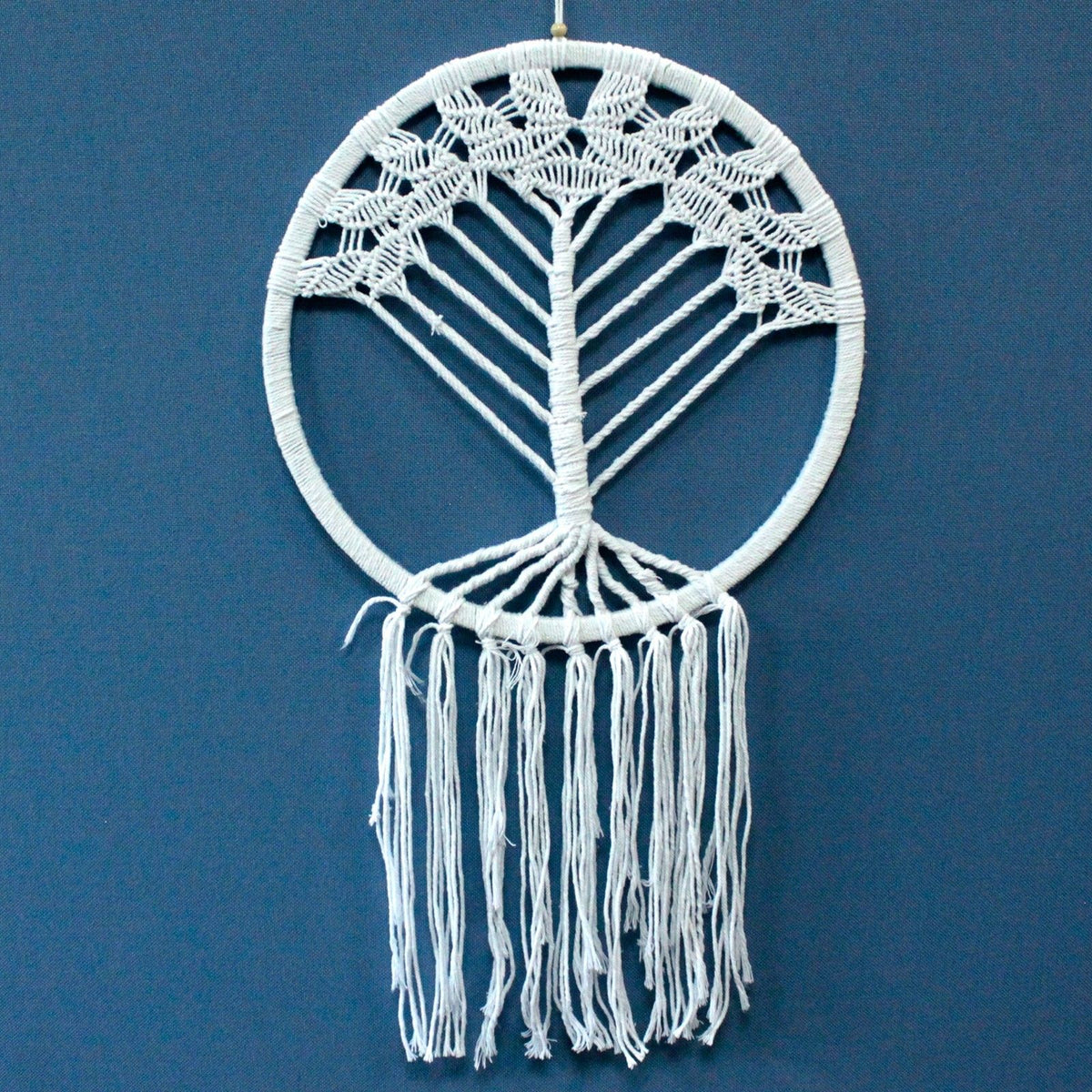Tree of Life dreamcatcher hanging against blue, with a round white frame and long loose threads