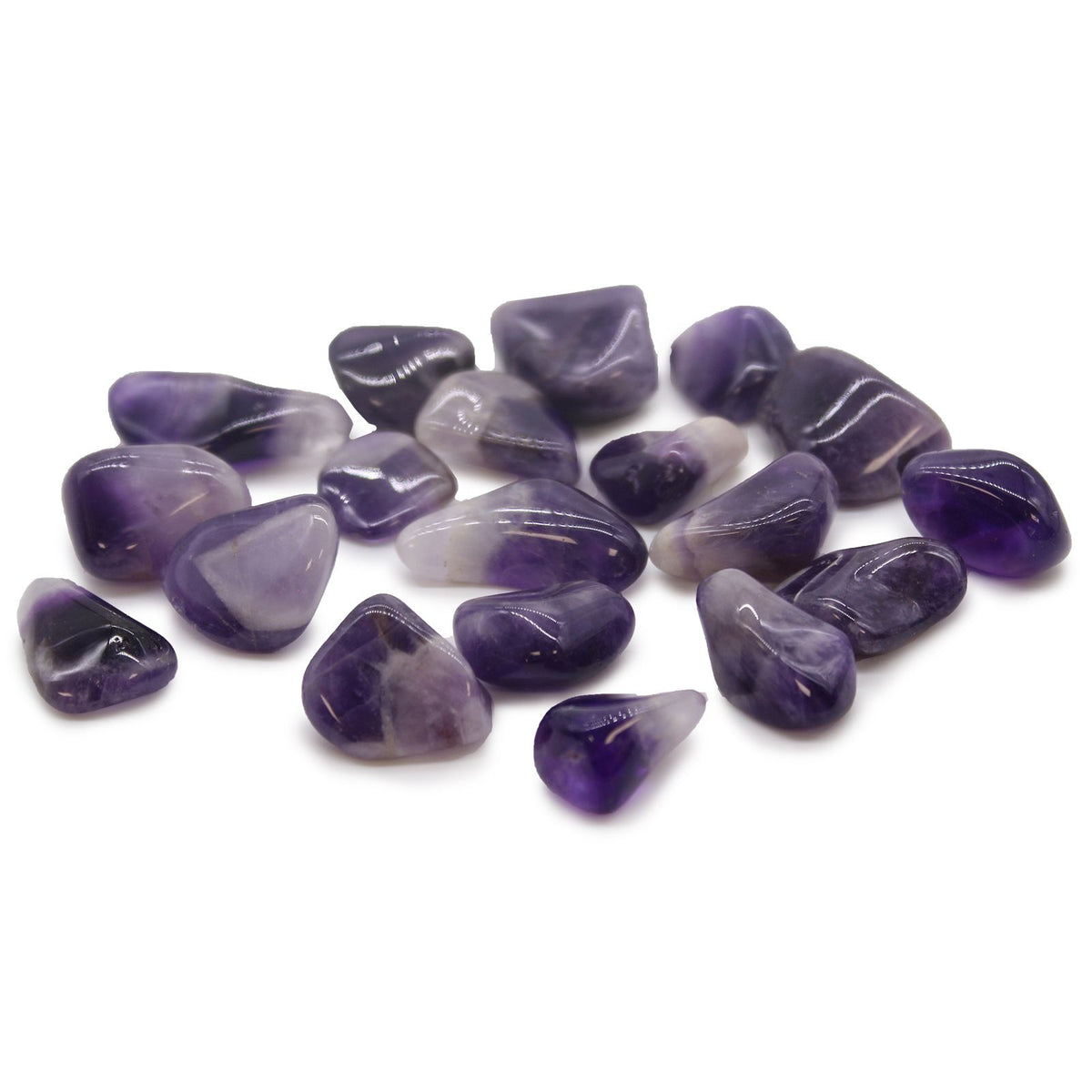 M Tumble Stone, Ameythst Banded (Grade A), purple polished stones with pale bands arranged on a white background