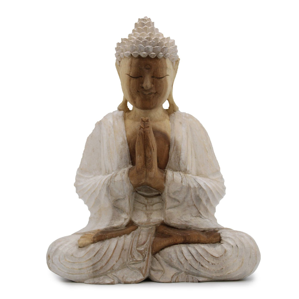 Whitewash Buddha statue seated with hands together, close front view against a plain white background