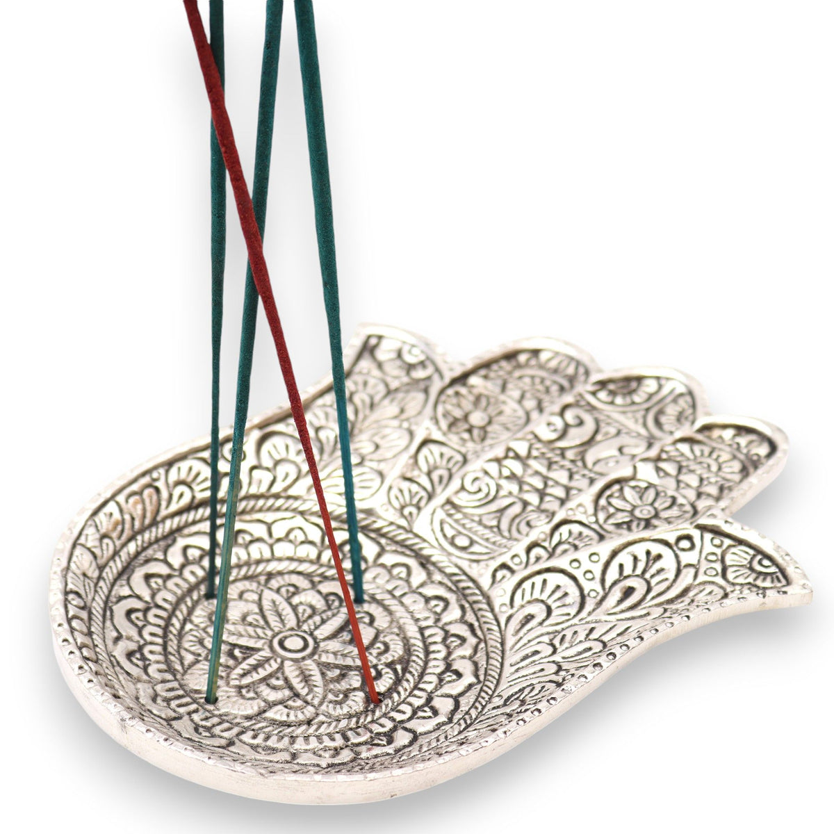 Polished Aluminium Lrg Hamsa Incense Holder with incense sticks, close-up of its patterned palm