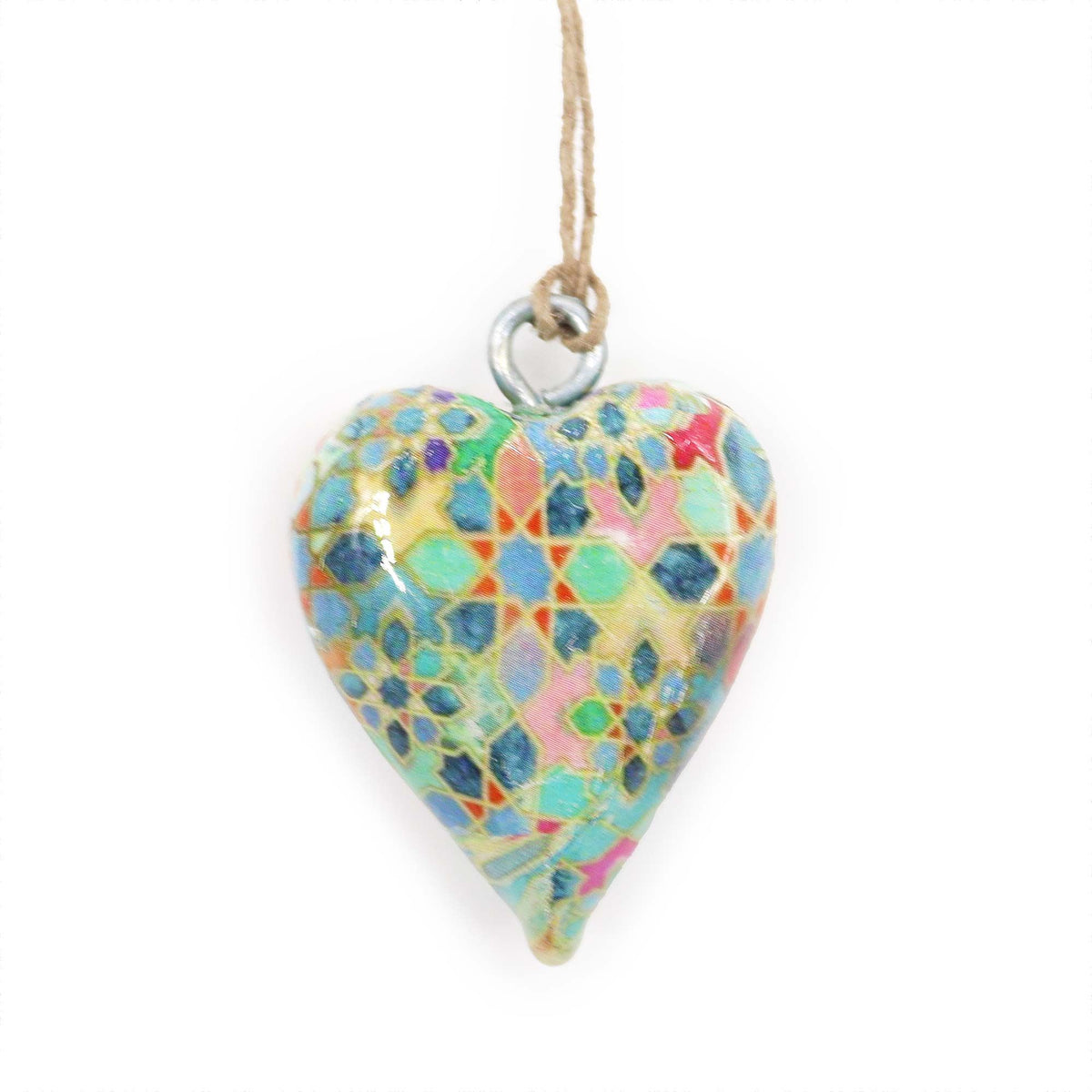 Small Decor Wood Heart, Mediterranean Tile Pattern, a colourful heart ornament hanging by a cord