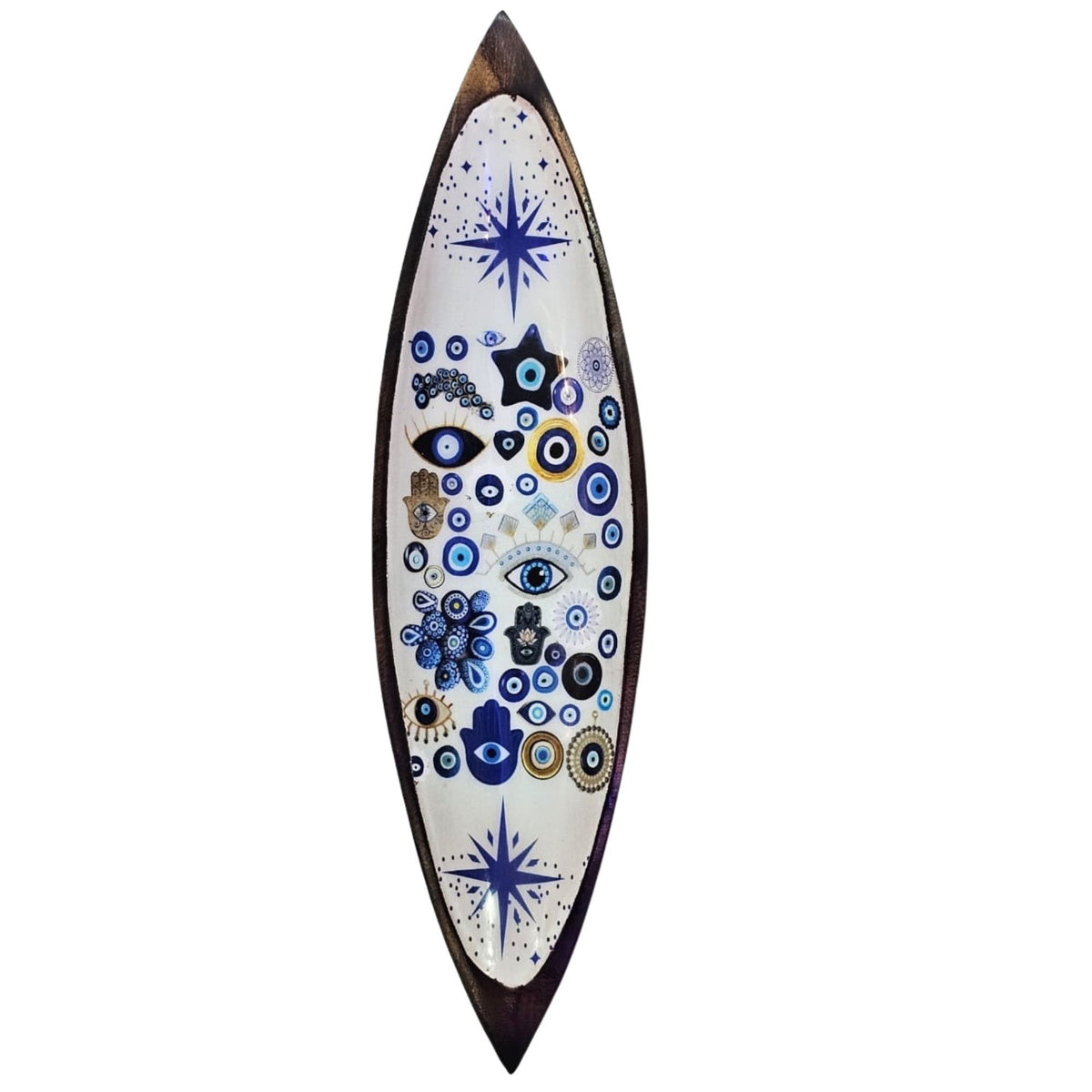 Enamel Incense Bowl, Mango Wood, Evil Eye, long pointed bowl with blue eye motifs on a white background