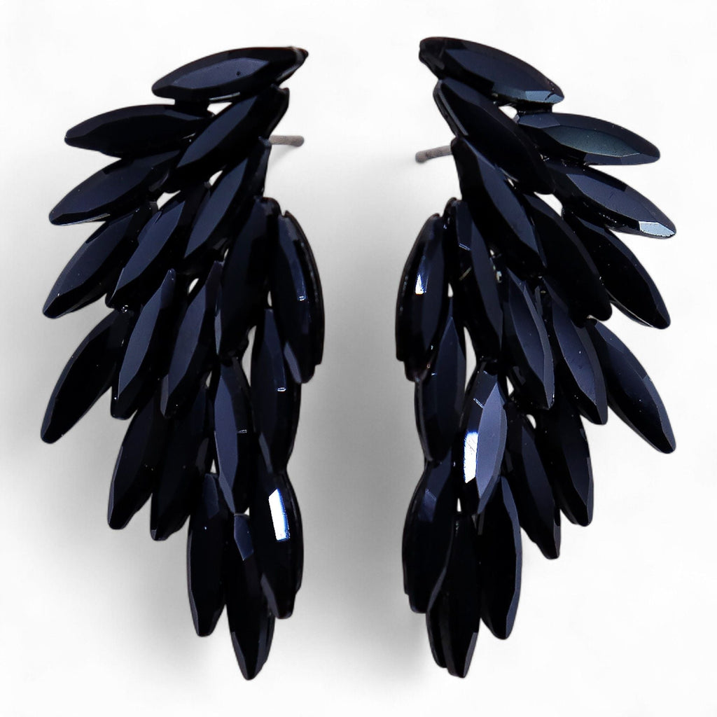 Jet Black, Vintage Glass, Angel Wings, Earrings shown as a matching pair on a white background