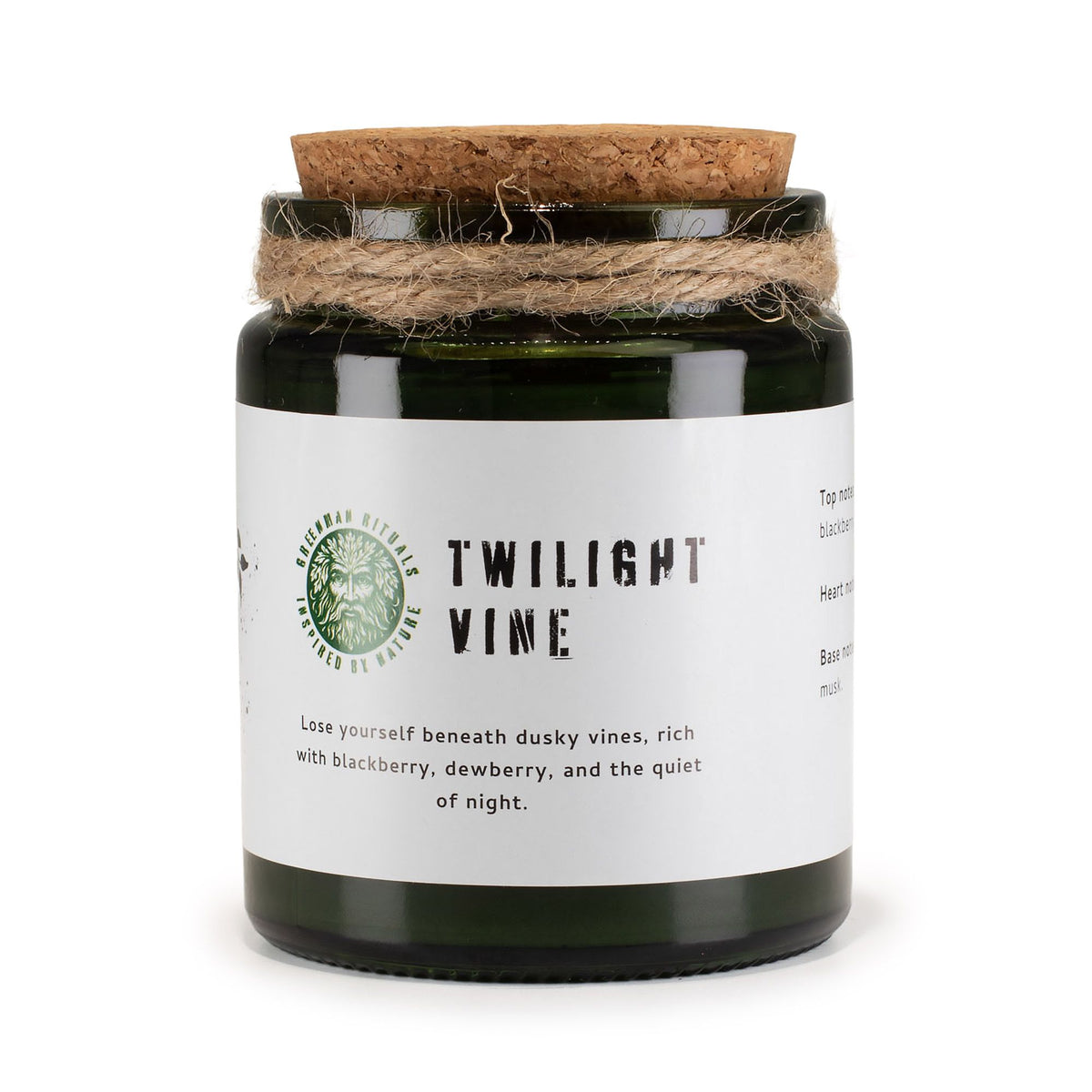 Twilight Vine candle upright against a white background, with its cork lid and twine visible