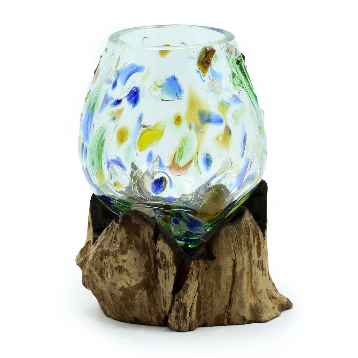Molten Coloured Glass on Wood, Medium Bowl, front view of clear glass with colourful flecks on a wood base