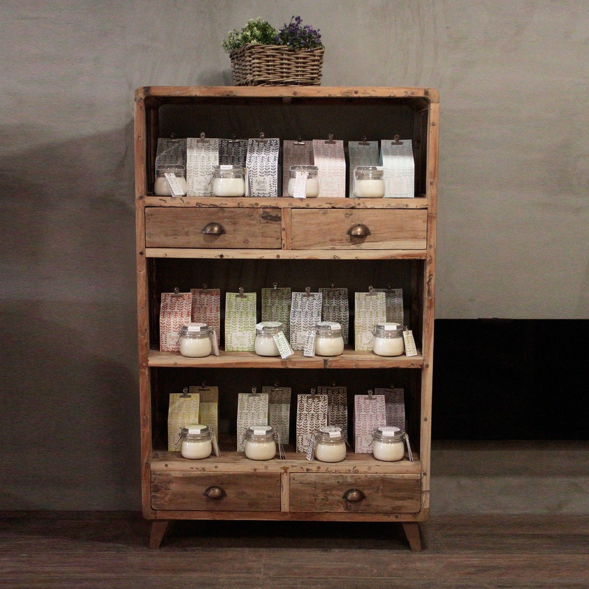 Shelf Display, Recycled Wood, 100x40x160cm, brown wooden shelves and drawers shown front-on in a room