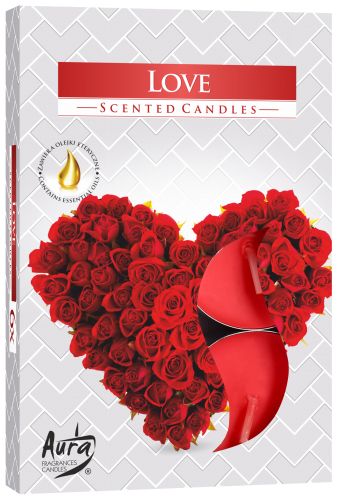 Set of 6 Scented Tealights, Love in a white patterned box with red roses and a red ribbon