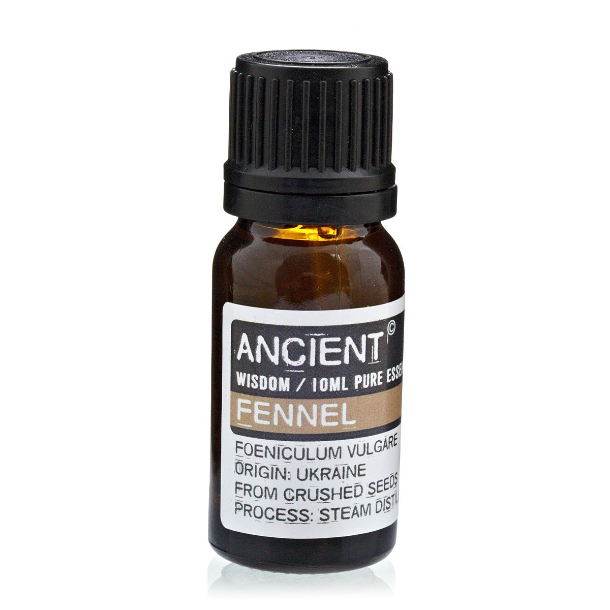 10 ml Fennel Essential Oil in a small amber bottle with a black cap, shown upright from the front