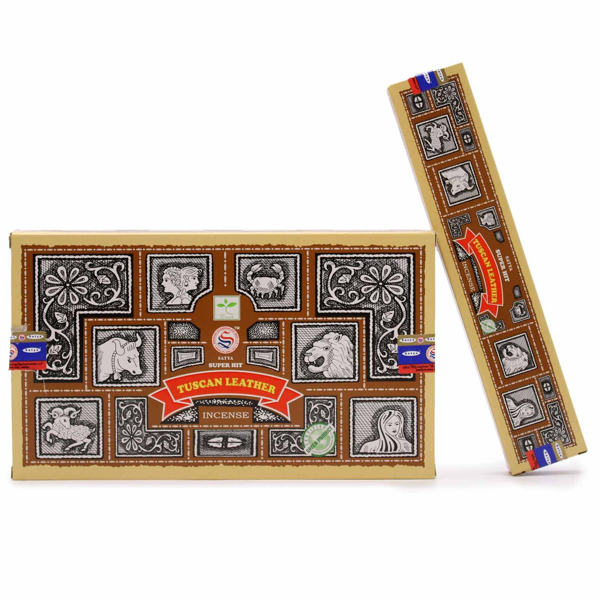 Super Hit Tuscan Leather incense in a decorated rectangular box, shown from the front with a slim side view