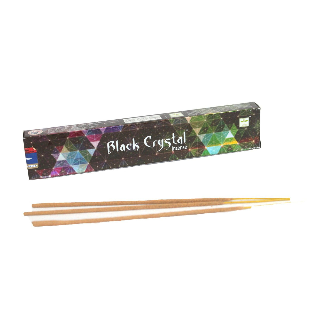 Satya Black Crystal Incense box, dark with a geometric pattern, three sticks in front