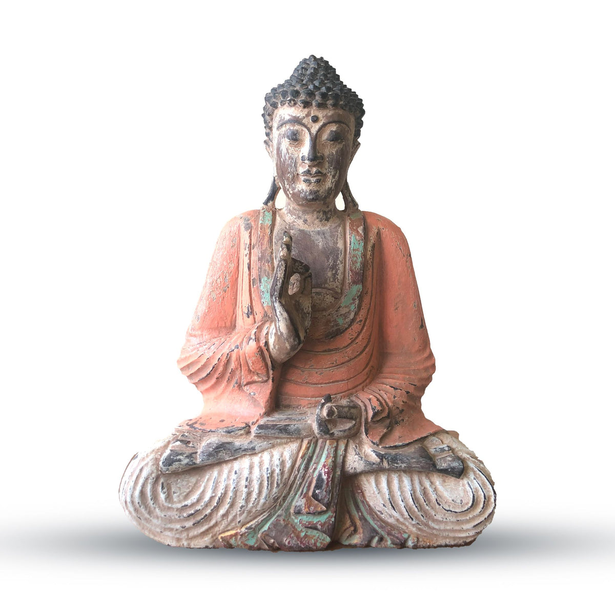 Vintage Orange Hand Carved Buddha Statue, 40cm, Teaching Transmission, seated facing forward in an orange robe