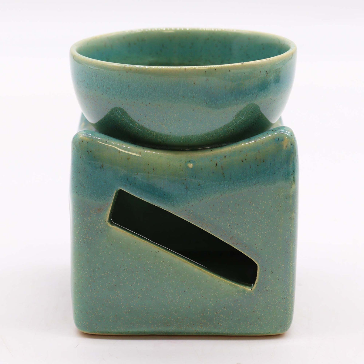 Lucky Coin Large Oil Burner, Jade, front view with a top bowl and narrow diagonal opening