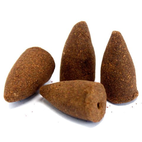 Aromatica Backflow Incense Cones, Sandalwood, four brown cones arranged on a white background