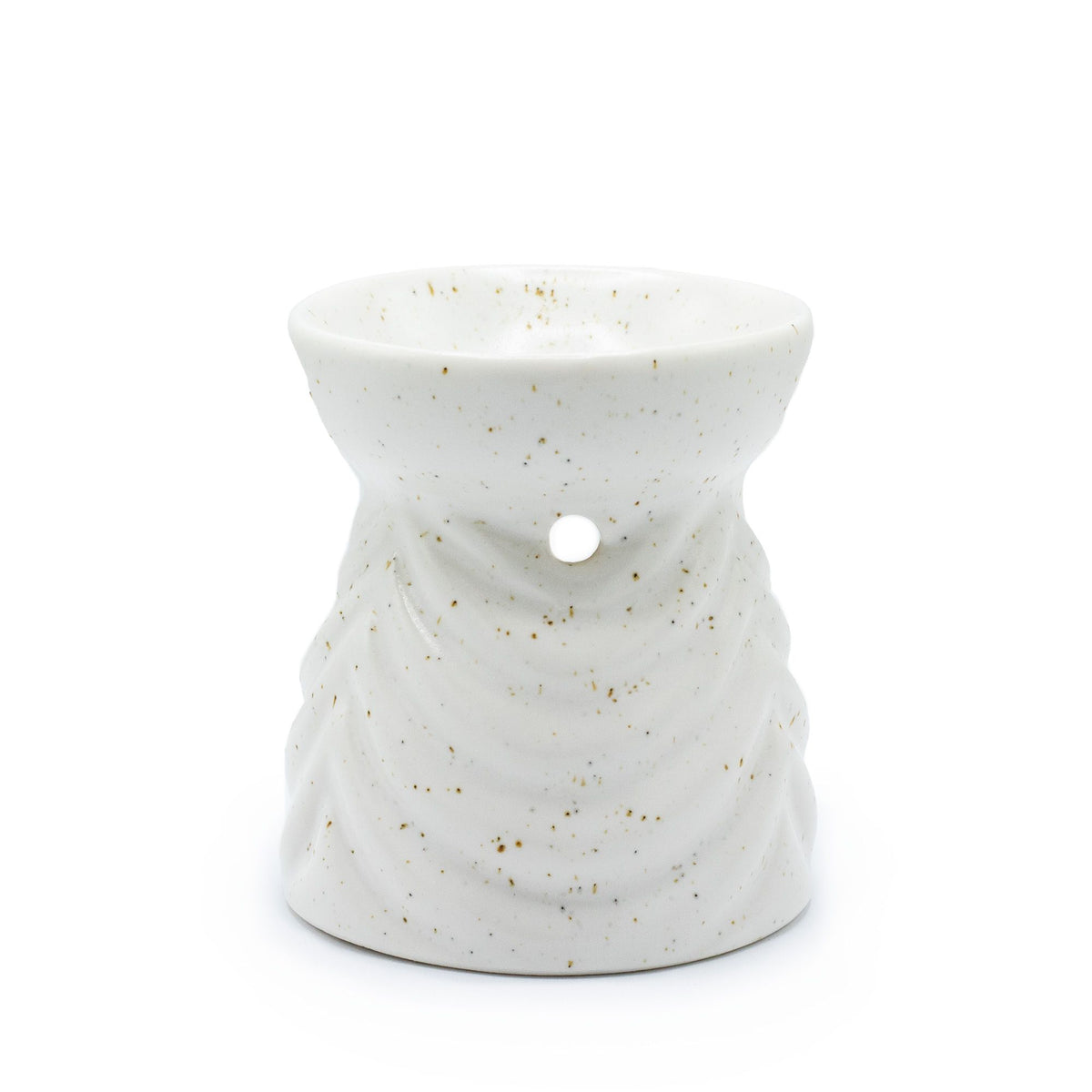 Oil Burner Geometric, Ivory, white speckled burner viewed from the front with its top dish and side hole