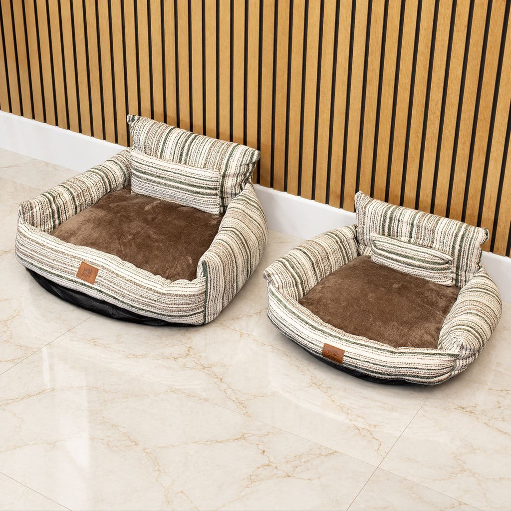 Two striped sofa pet beds with brown seat cushions