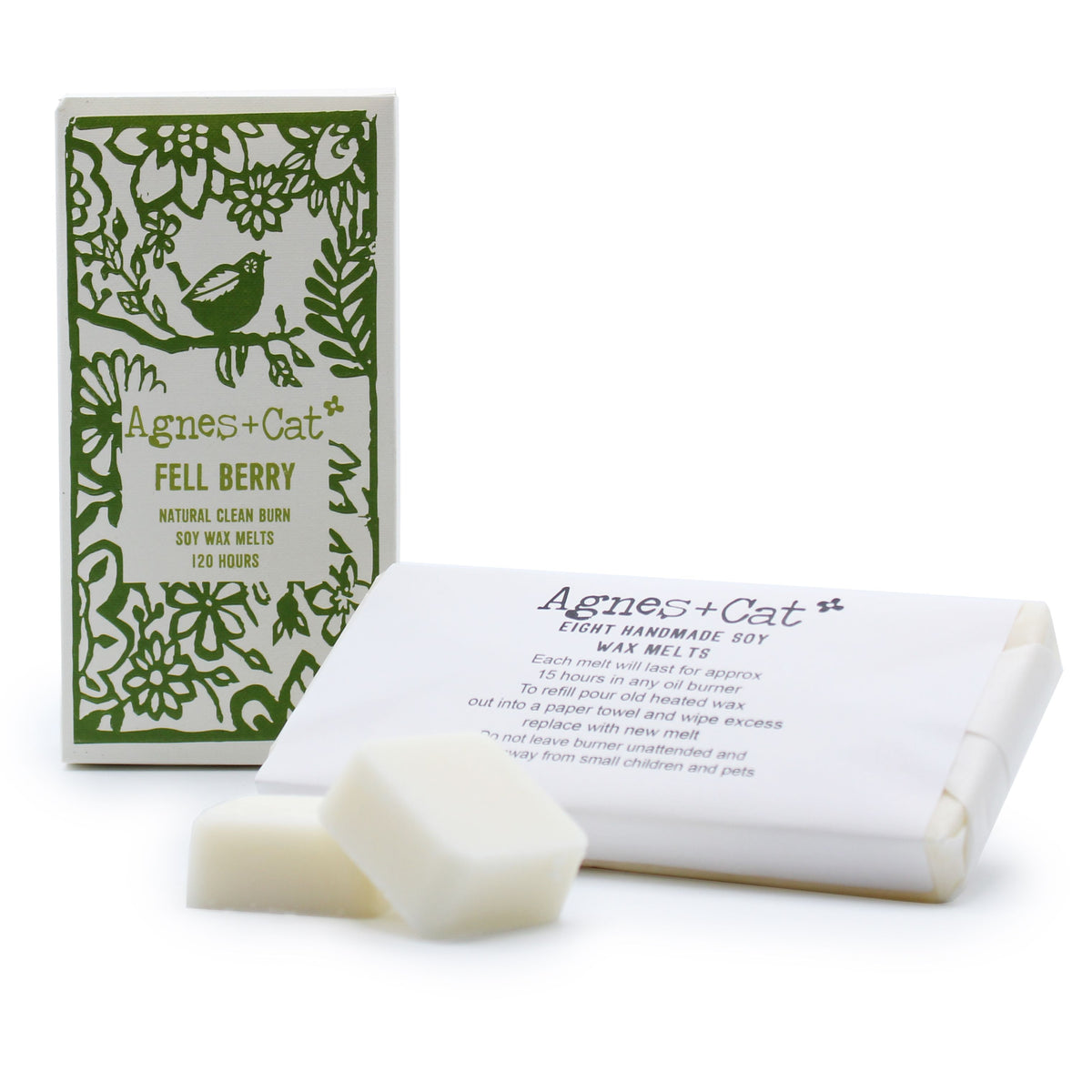 Agnes + Cat Box of 8 Wax Melts, Fell Berry, green and white box beside white wax melts