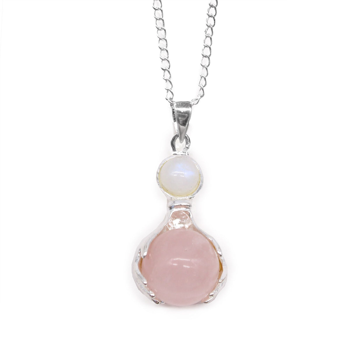 Rose quartz pendant with a round pink stone and silver-coloured chain