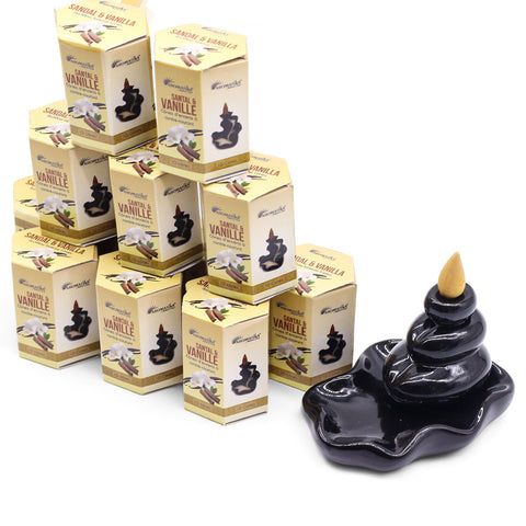 Pack of 10 Masala Backflow Incense, Sandalwood & Vanilla boxes beside a black burner and cone