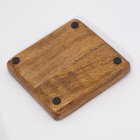 Big Square Trinket Tray, brown wood-grain underside with four black feet, shown at an angle on white