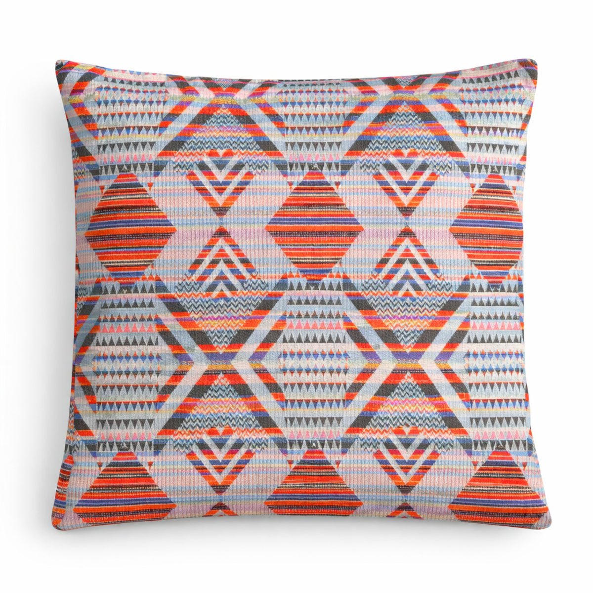 Urban Tribal cushion cover shown front on, with orange, blue and grey geometric pattern