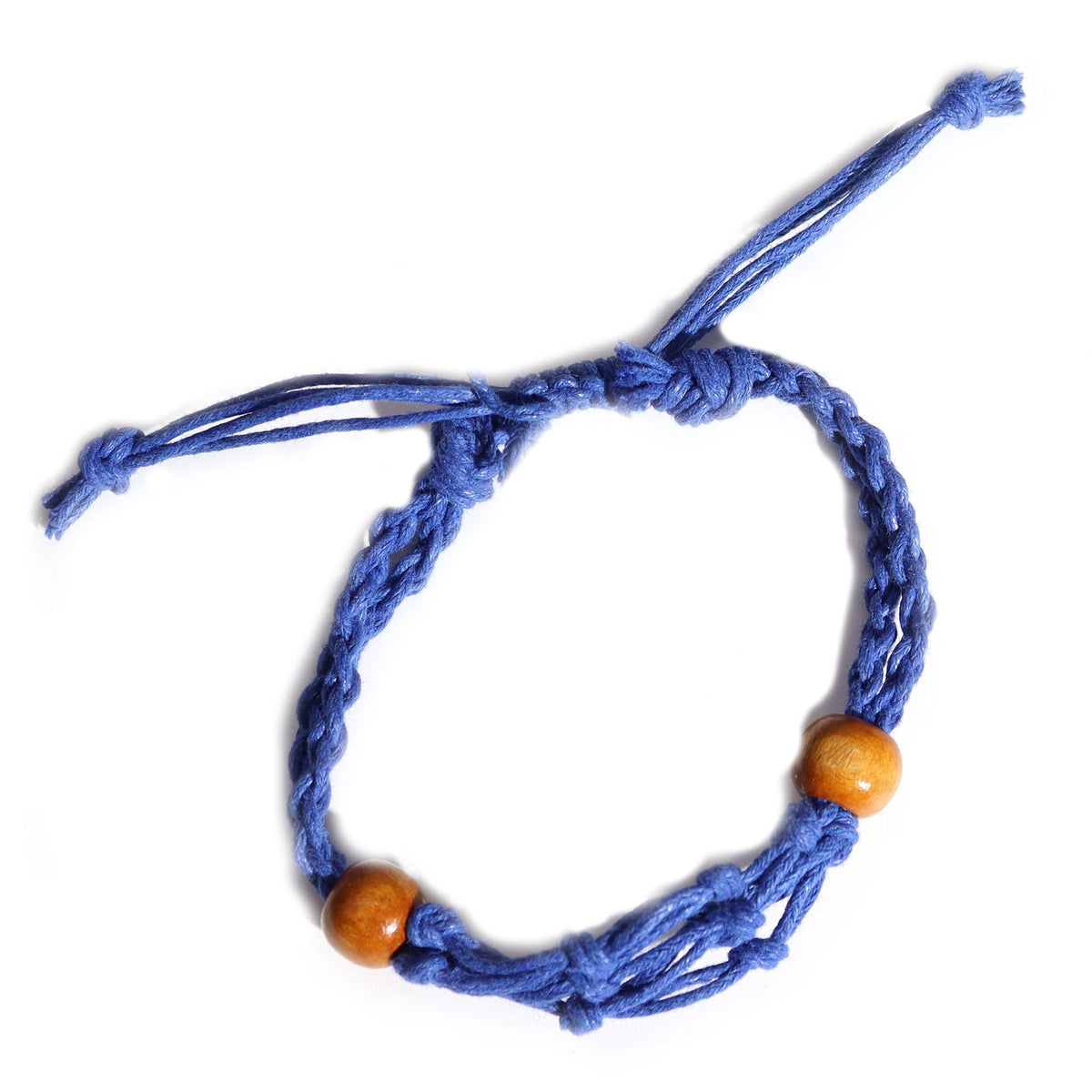 Navy gemstone bracelet cord shown as an open loop, with two brown beads and adjustable ties