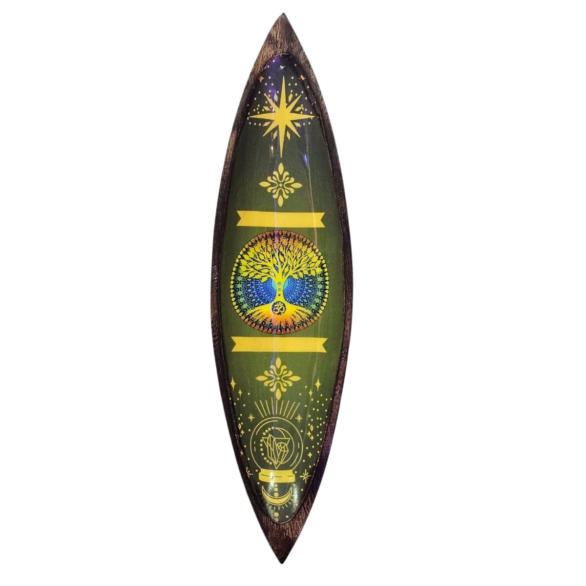 Enamel Incense Bowl, Mango Wood, Tree of Life, long dark wooden bowl with a colourful tree design