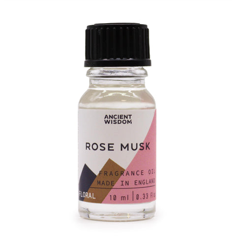 10ml Rose Musk Fragrance Oil in a clear glass bottle with a black cap and pink label, front view