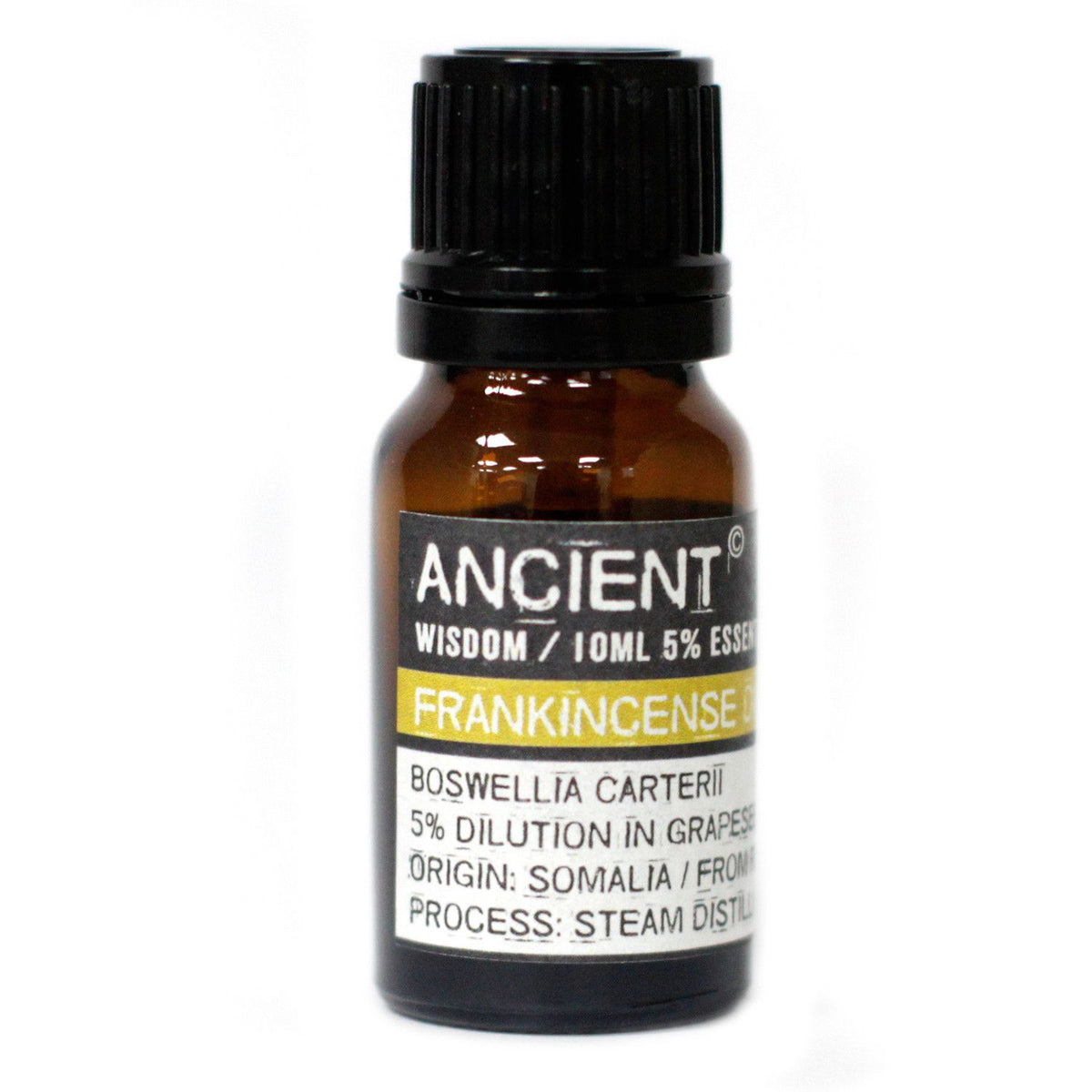 10 ml Frankincense (D) Essential Oil in an amber bottle with a black cap, shown upright from the front