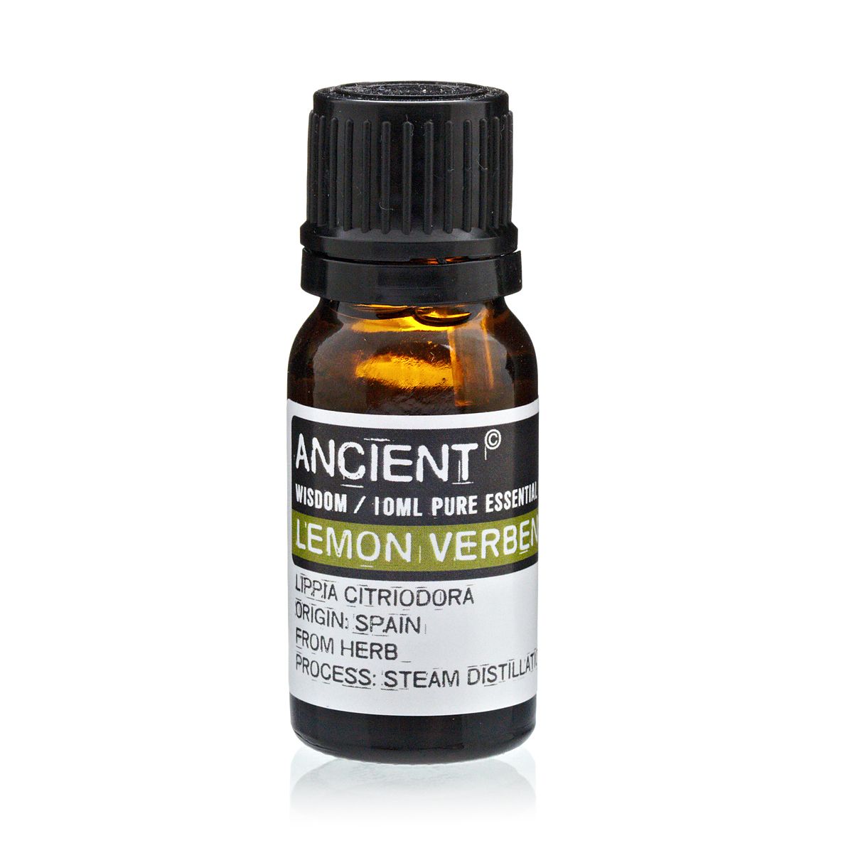 10 ml Lemon Verbena Essential Oil in a small amber bottle with a black cap, shown upright from the front