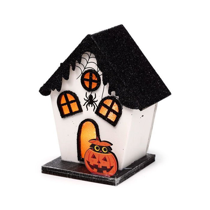 Spooky Spider House Halloween LED Decoration, white house with black roof, orange windows and pumpkin on a base