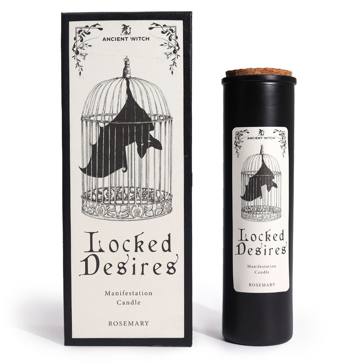 Ancient Witch Locked Desires candle beside its box, bat-in-a-cage design, white background