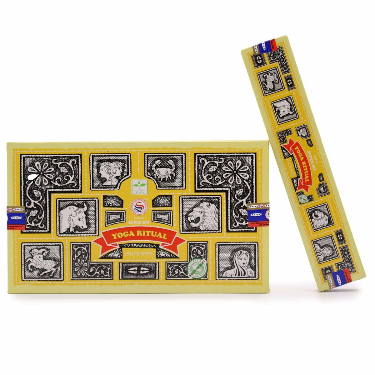 Super Hit Yoga Ritual Nag Champa Incense in an ornate yellow box, shown front-on with a second box leaning beside it