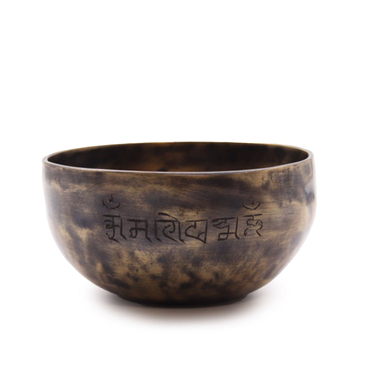 Small Indian Moon Phase Singing Bowl in mottled bronze, shown from the front with engraved script