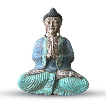Vintage Blue Mint Hand Carved Buddha Statue, 40cm, Welcome