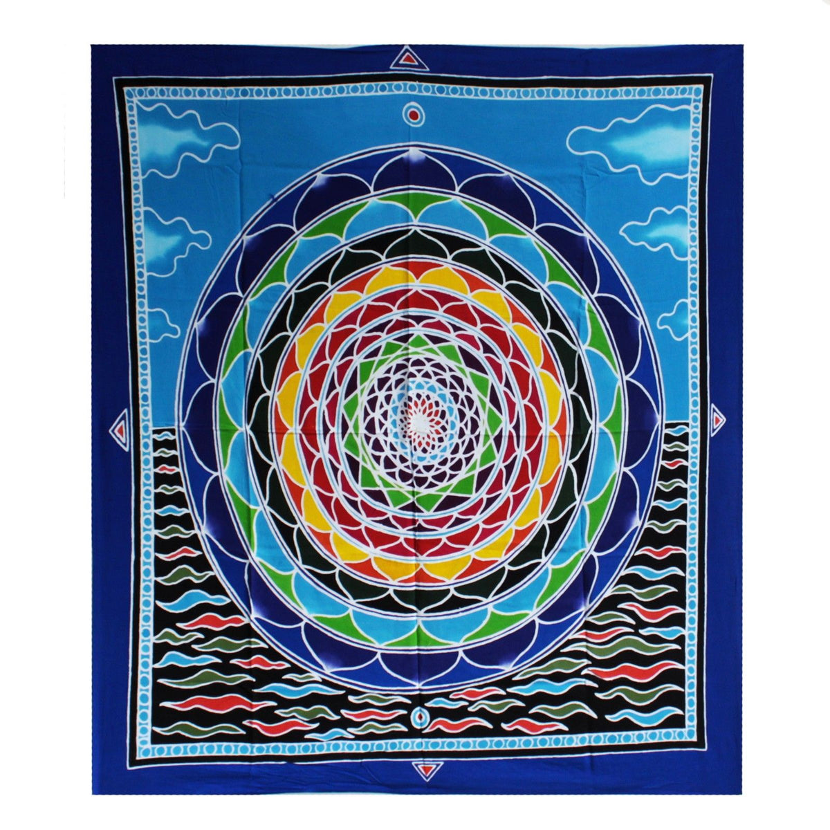 Mandala in the Clouds wall hanging, square blue batik with a colourful circular mandala and cloud and wave motifs