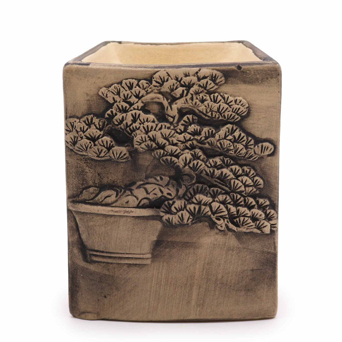 Hand Painted Bonsai Burner, Slate, square brown burner with a raised bonsai tree design on the front