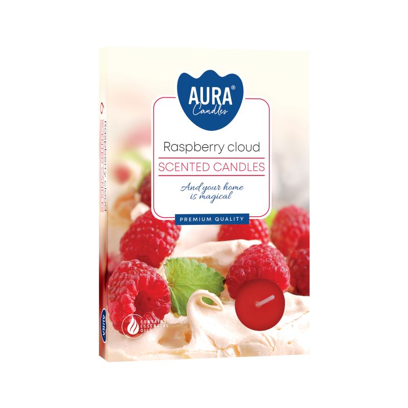 Set of 6 Scented Tealights, Raspberry Cloud in a cream box with raspberry pictures and a red tealight