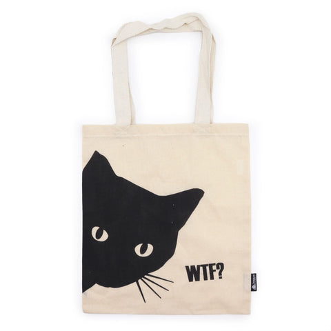 Black Cat tote bag, full front view showing the natural-coloured bag, long handles and cat print