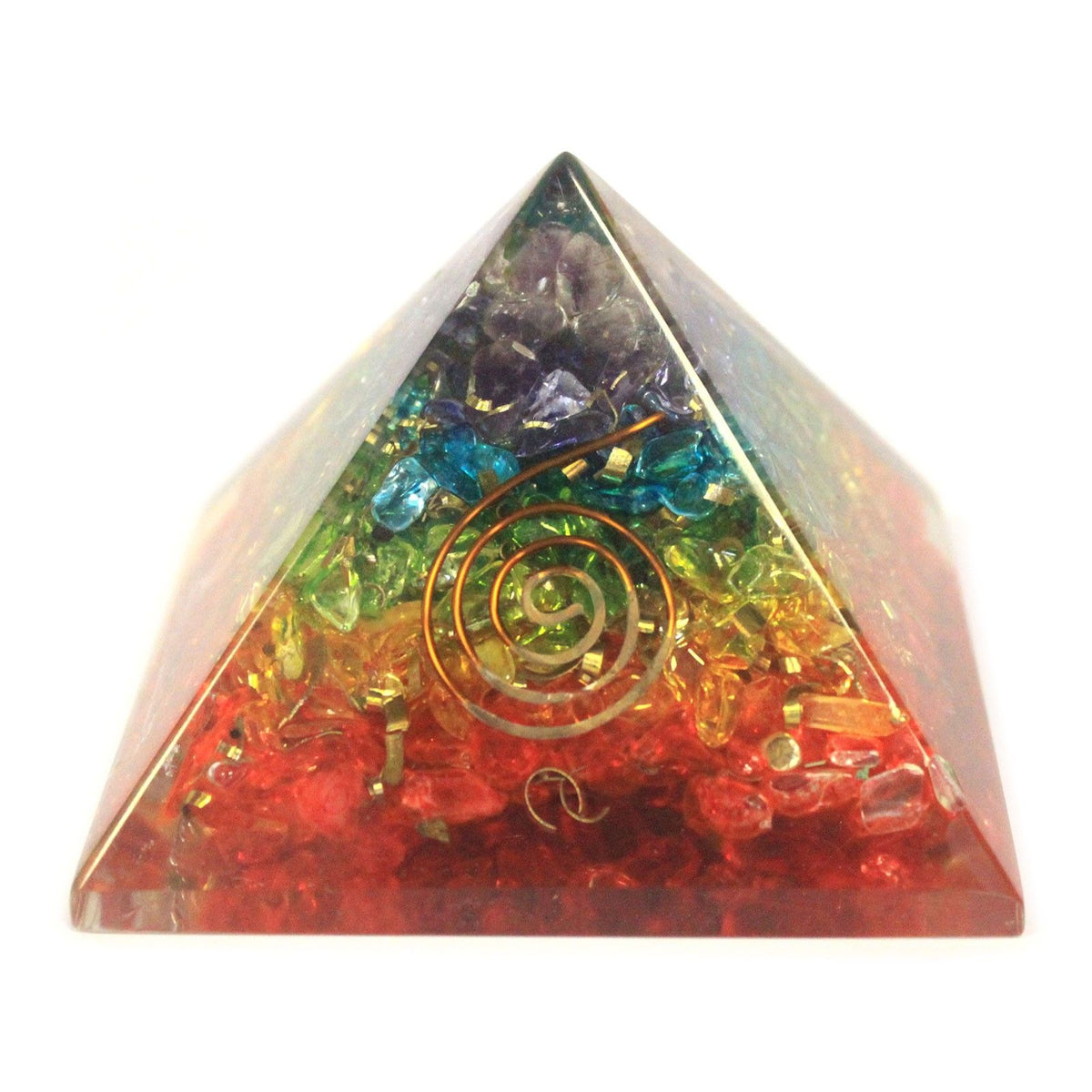 Lrg Orgonite Pyramid 70mm, Chakra Gemchips, front view with coloured chips and a copper spiral