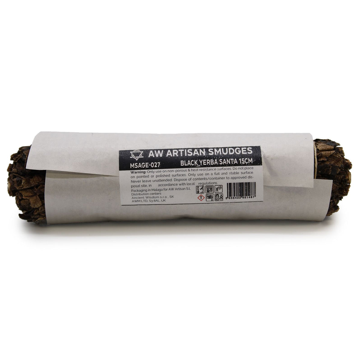 Smudge Stick, Black Sage 15cm wrapped in white paper, with a printed label across the centre