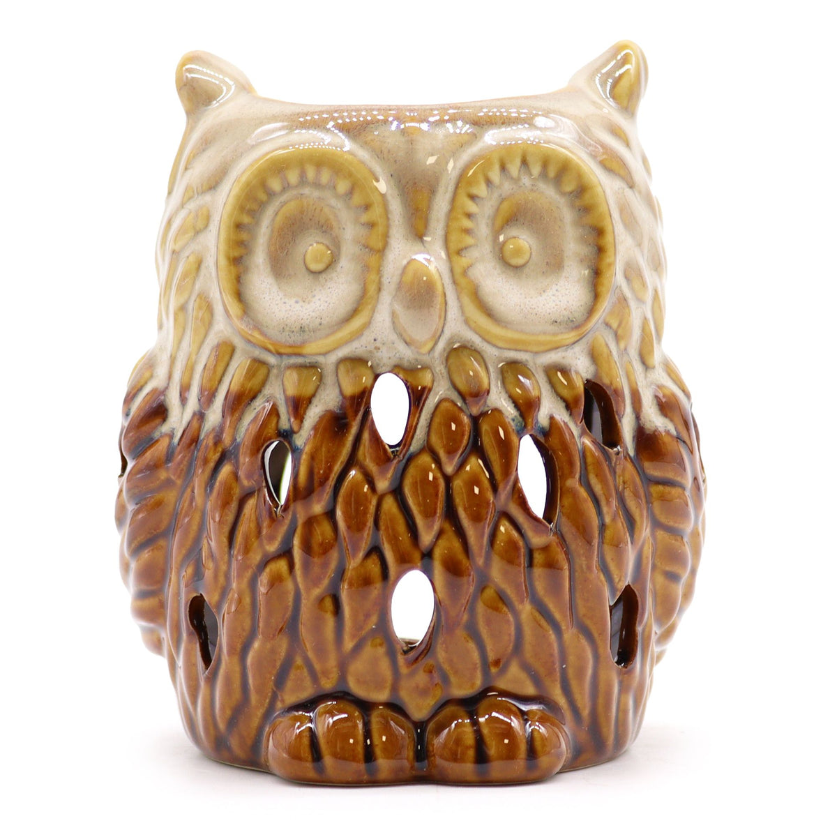 Ceramic owl oil burner in a cream and brown glaze, front view