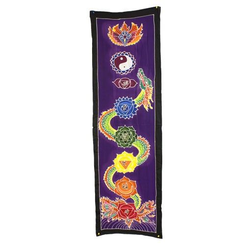 Chakra Drop Banner, Dragon in purple with a colourful dragon and chakra symbols, shown hanging vertically