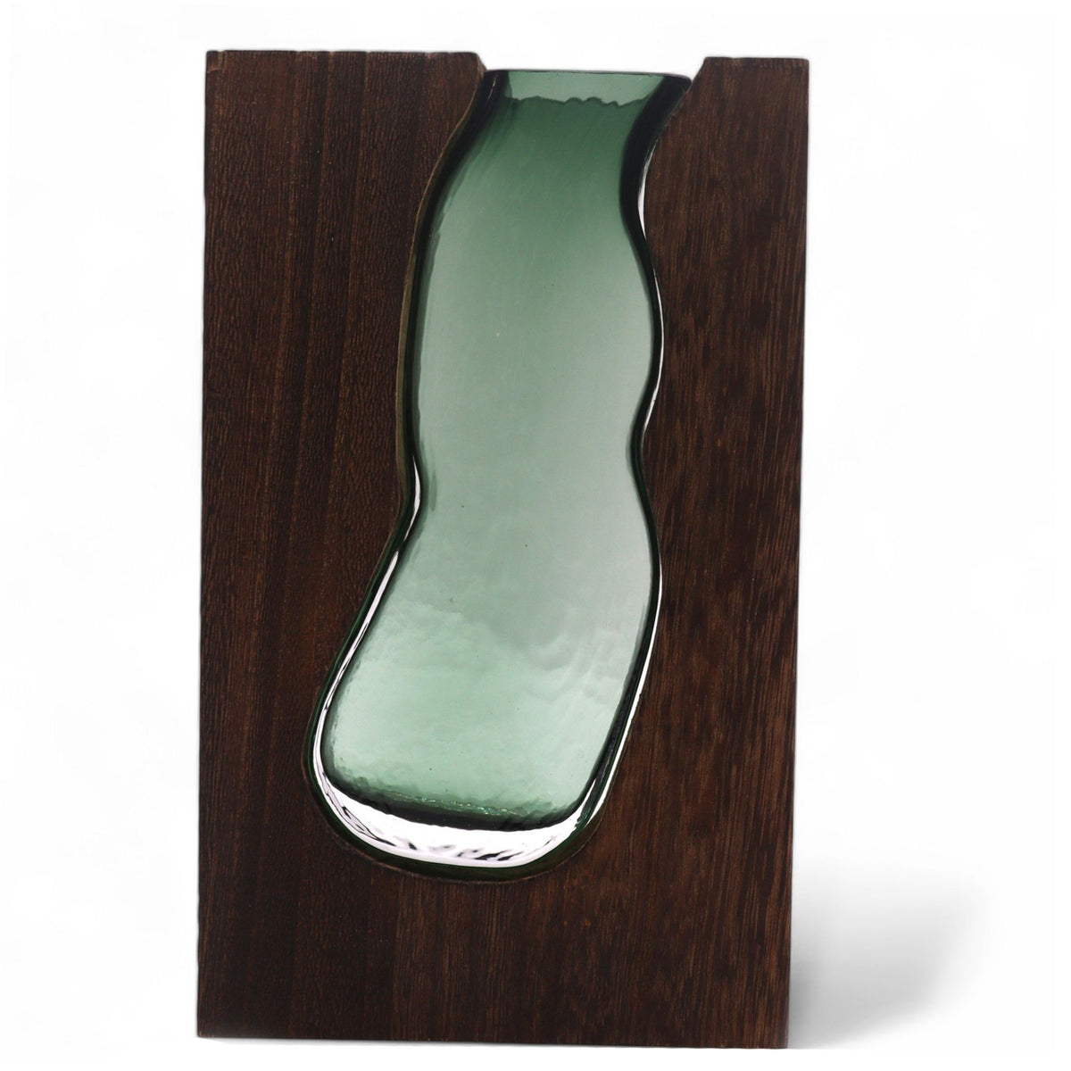 Lrg Glass Vase/Terrarium inside Dark Tung Wood, front view of green glass set into dark wood