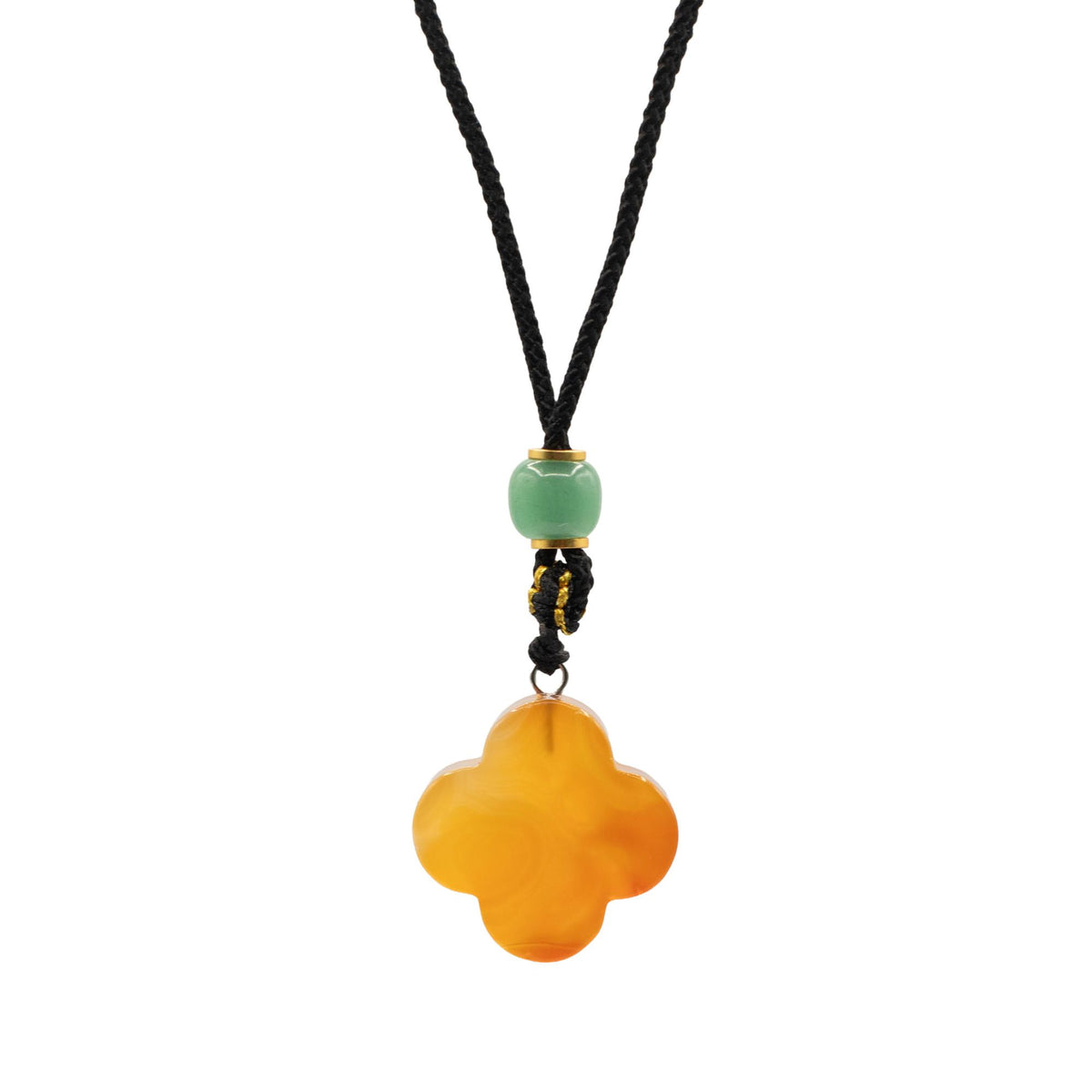 Cord Necklace Gemstone Pendant, Red Jade Clover with orange clover pendant and green bead on black cord