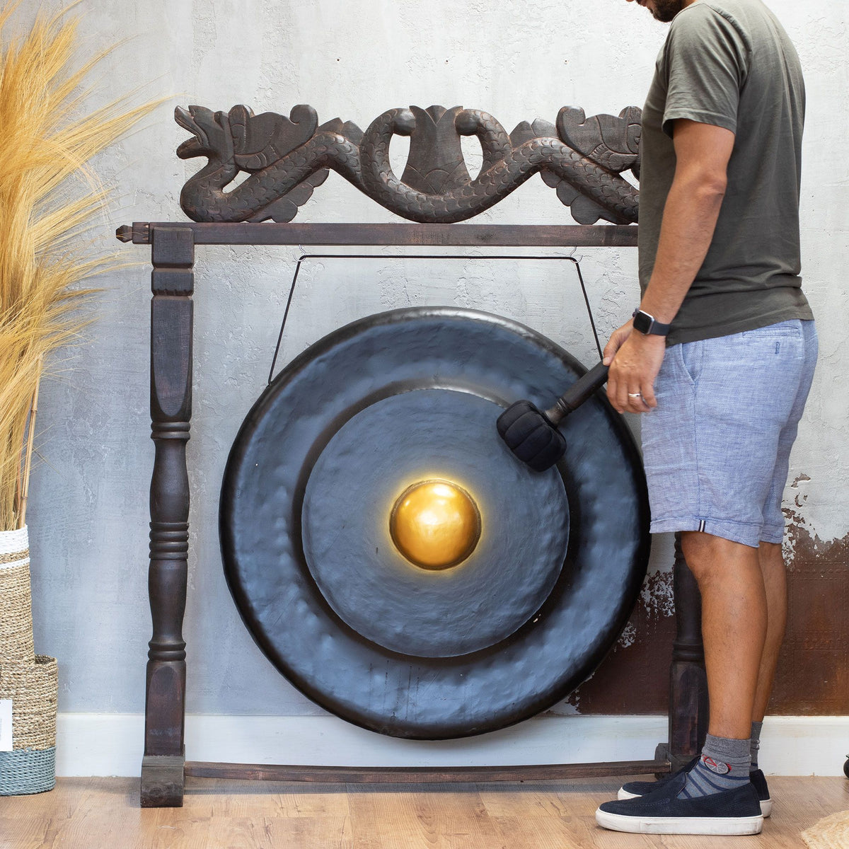 Large Gong in Brown Antique Stand - 80cm - Black