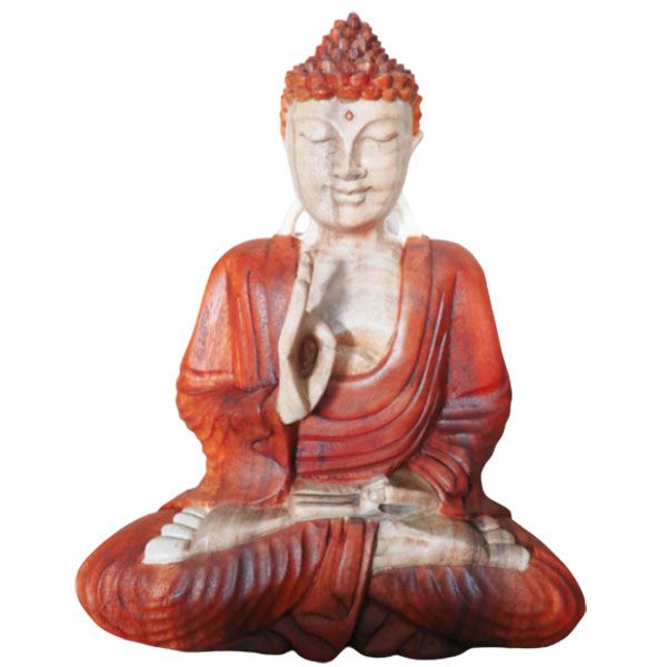 Buddha statue seated in a red robe, shown full length from the front against a white background